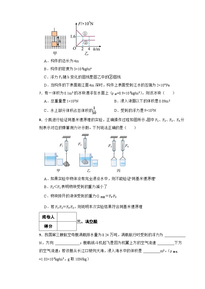 人教版八年级下物理课堂小测第十章10.2阿基米德原理附答案03