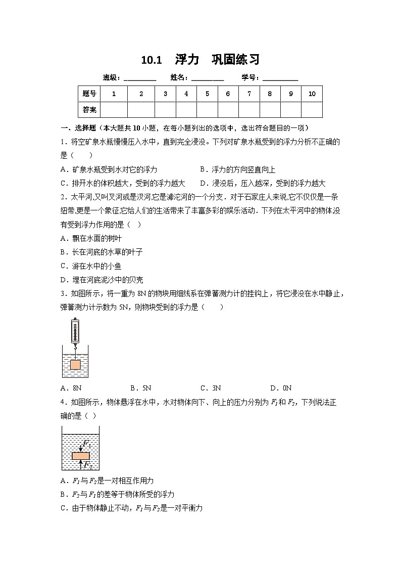人教版初中物理八年级下册 10.1 浮力 巩固练习第1页