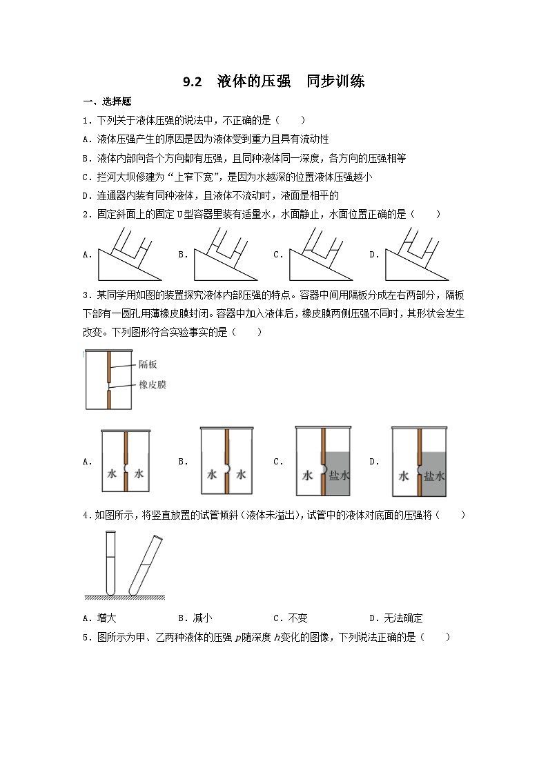 人教版初中物理八年级下册 9.2  液体的压强  同步训练第1页