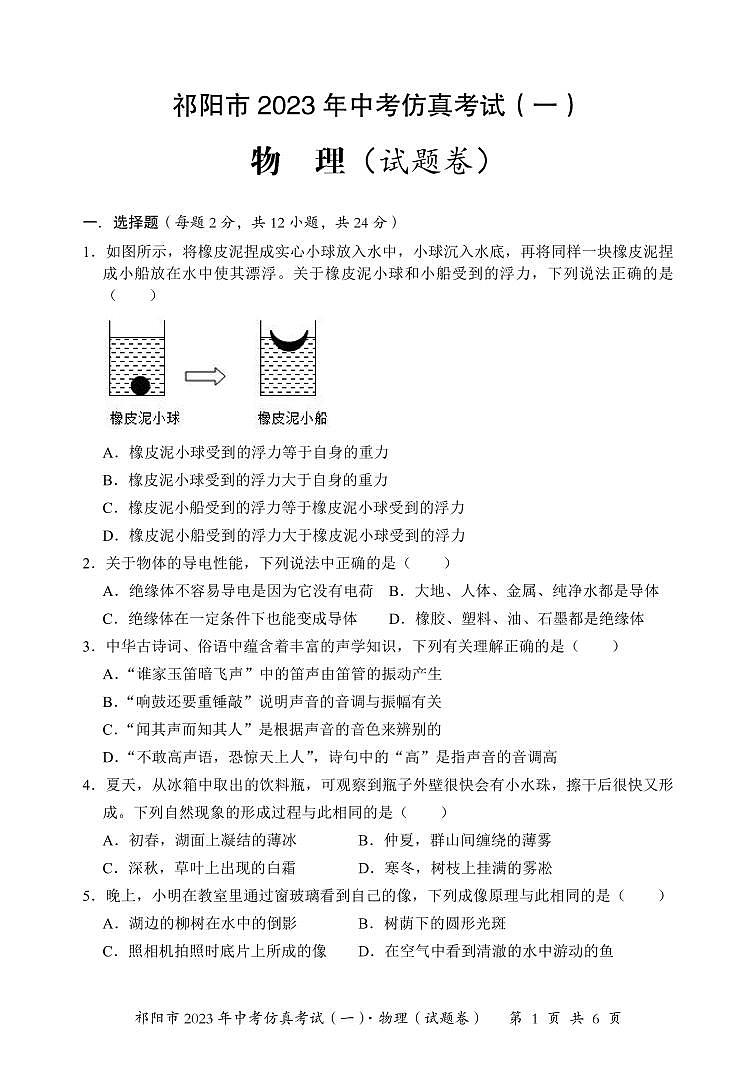 2023年湖南省永州祁阳市中考物理仿真试题（一）第1页