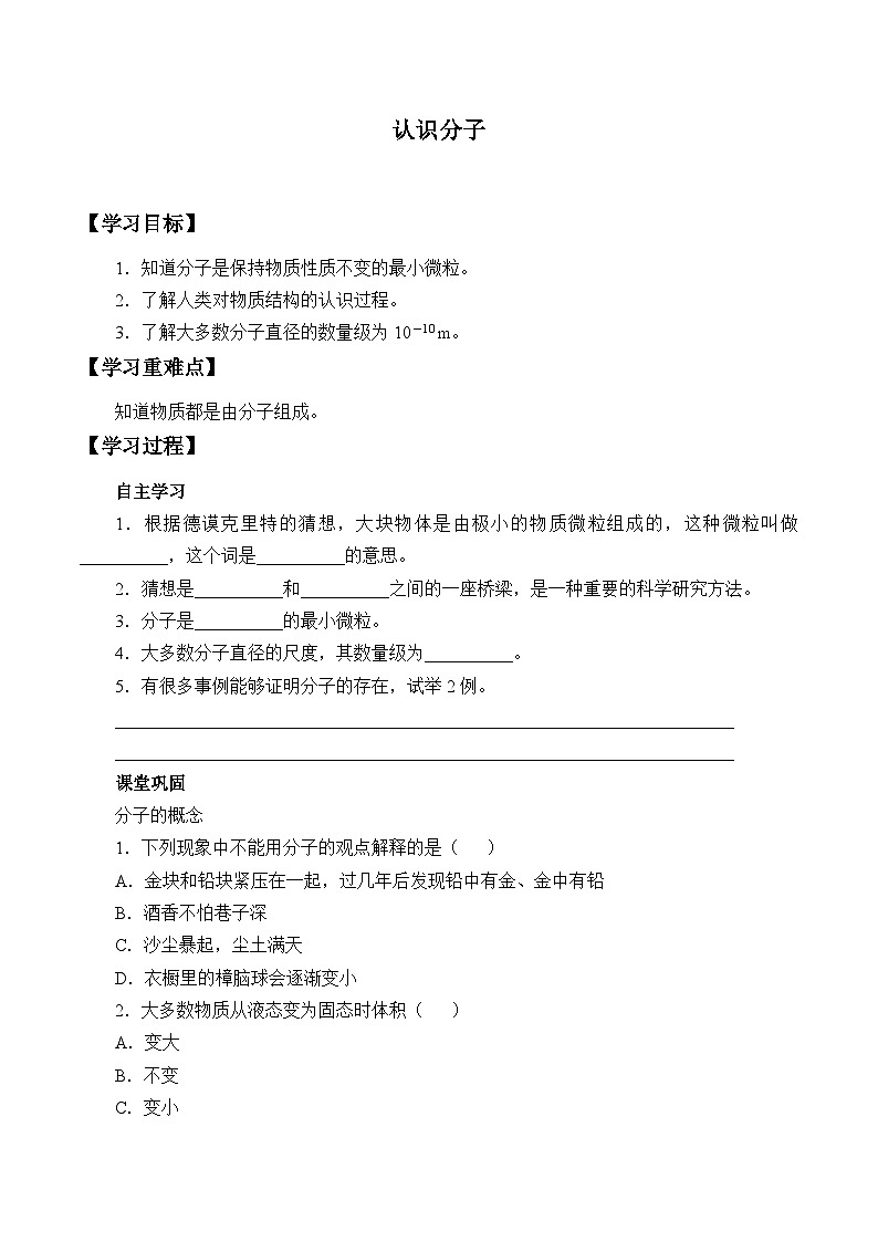 初中物理粤沪版八年级下册《10.1认识分子》  学案01