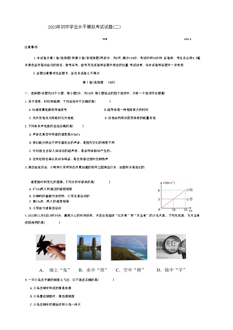 2023年山东省临沂市兰陵县二模物理试题(无答案)第1页