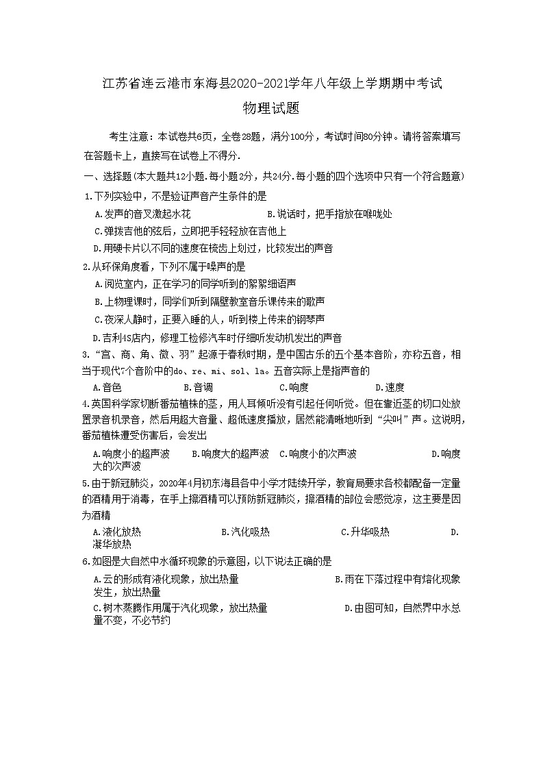 江苏省连云港市东海县2020-2021学年八年级上学期期中考试物理试题01