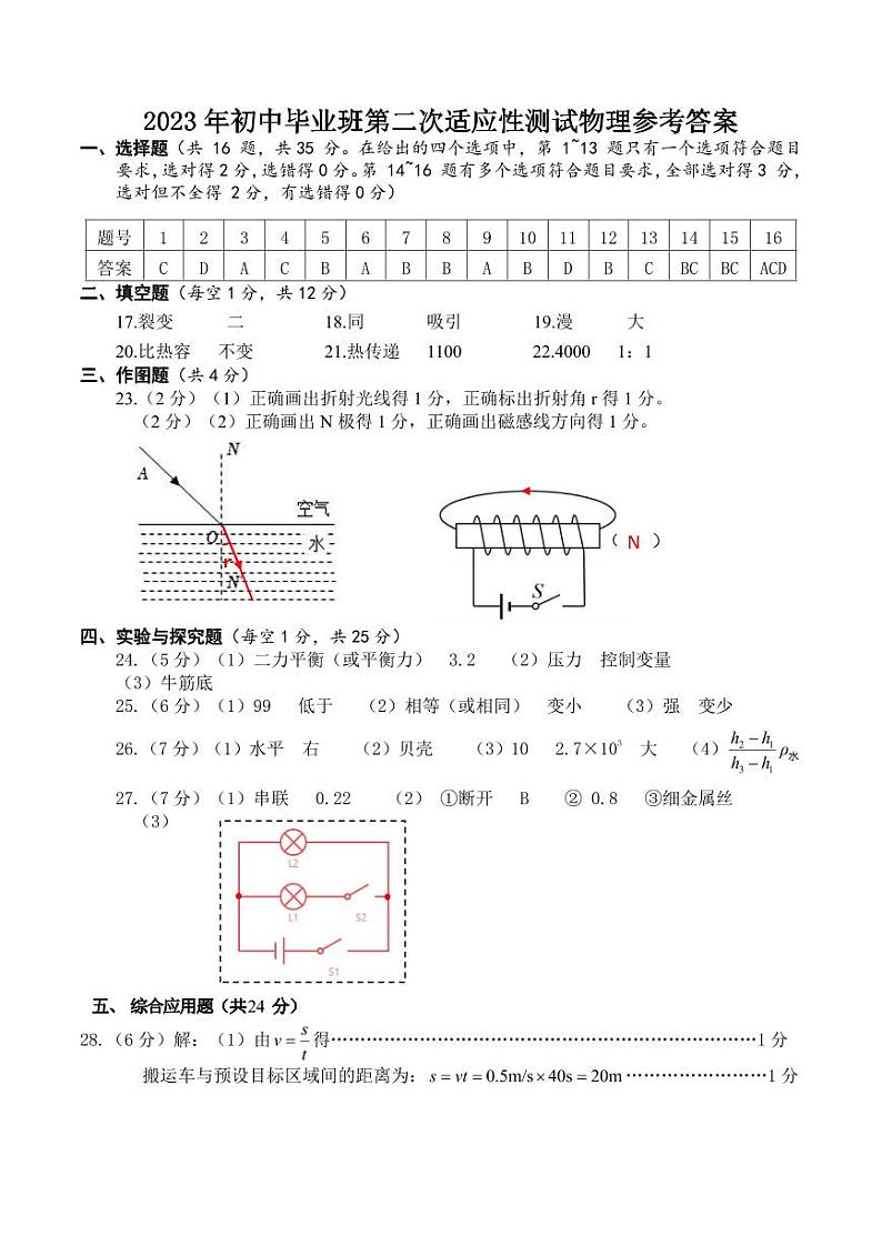 南宁西乡塘区2023年初中毕业班第二次适应性测试物理测试卷01
