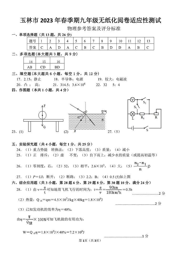 玉林市2023年春季期九年级无纸化阅卷适应性测试（物理）01