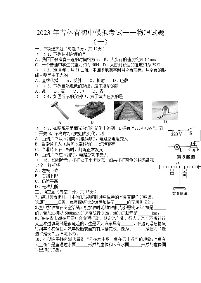 2023年吉林省白山市抚松县露水河镇中学中考物理模拟考试卷（一）第1页
