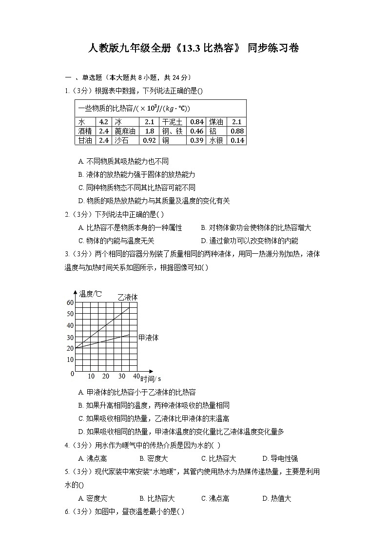 人教版九年级全册《13.3 比热容》 同步练习卷（含答案）01
