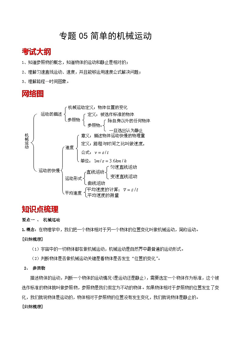 专题05 简单的机械运动备战中考物理一轮复习知识点+练习（含答案解析）第1页
