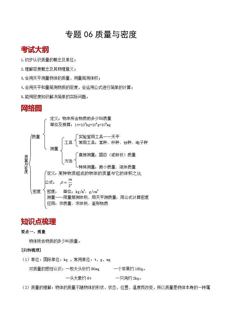 考点06 质量与密度 备战中考物理一轮复习知识点+练习（含答案解析）01