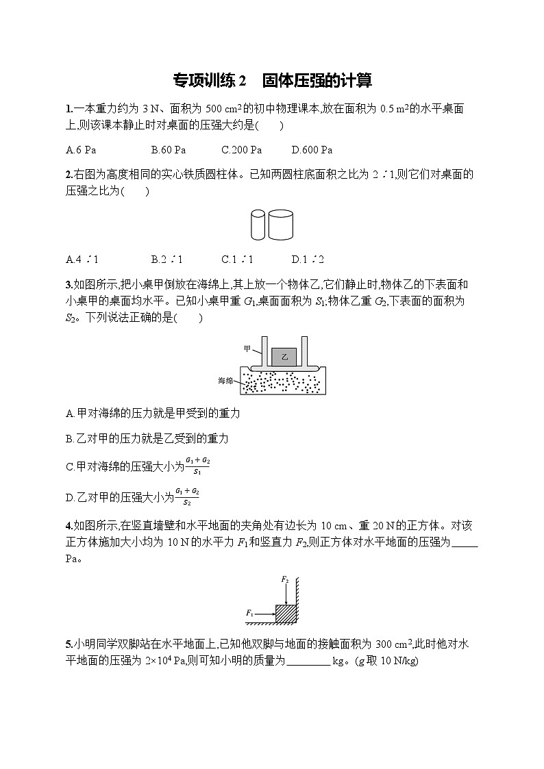 人教版初中物理八年级下册专项训练2固体压强的计算练习含答案第1页