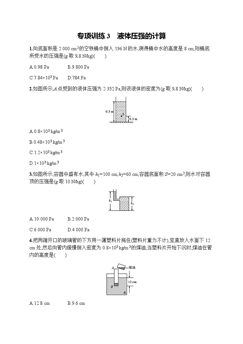 人教版初中物理八年级下册专项训练3液体压强的计算练习含答案第1页
