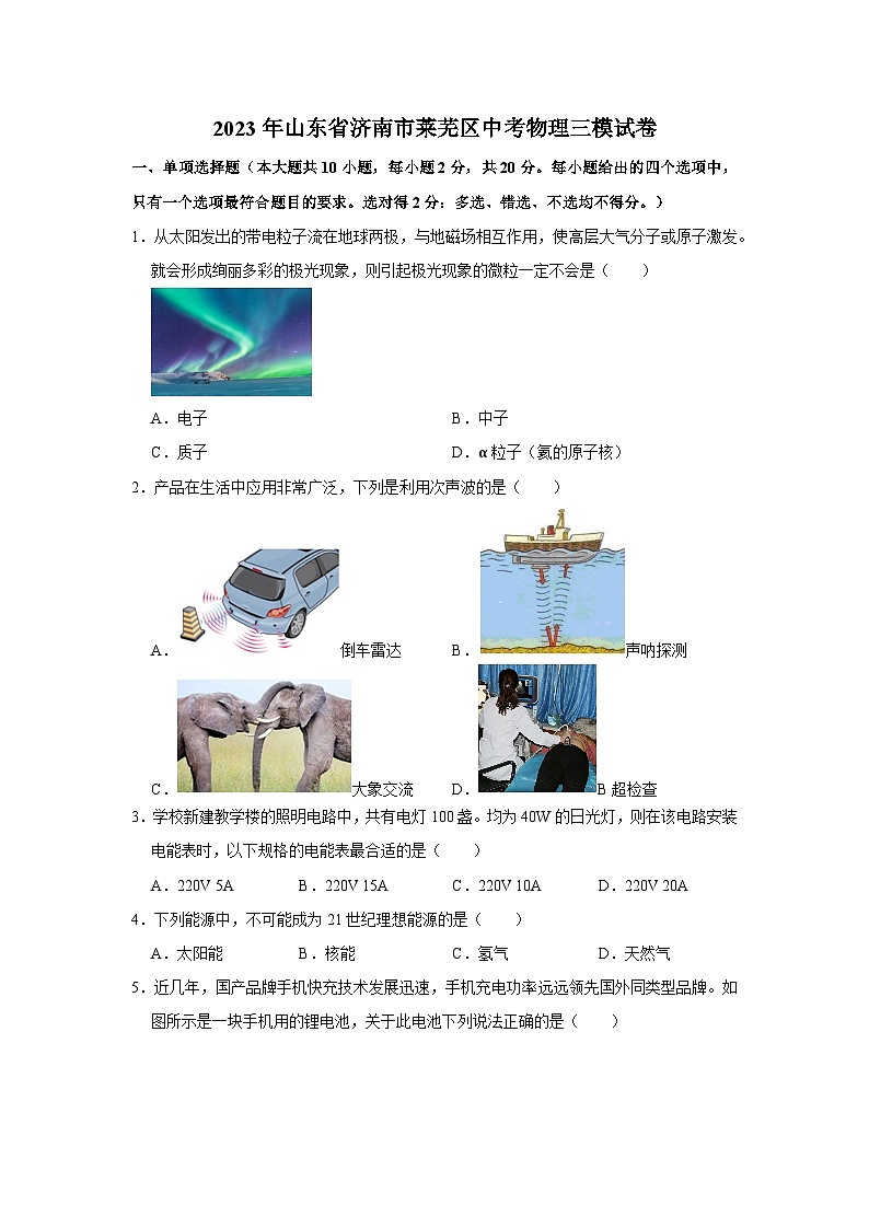 2023年山东省济南市莱芜区中考物理三模试卷(含答案)第1页