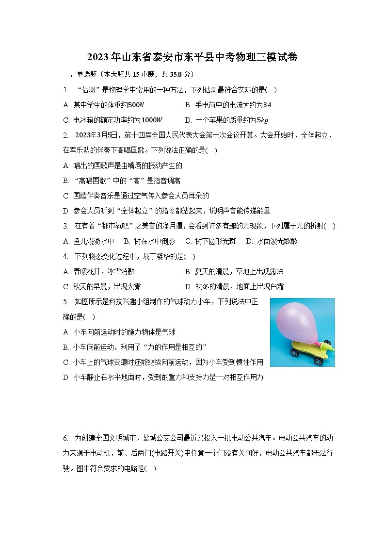 2023年山东省泰安市东平县中考物理三模试卷-普通用卷01