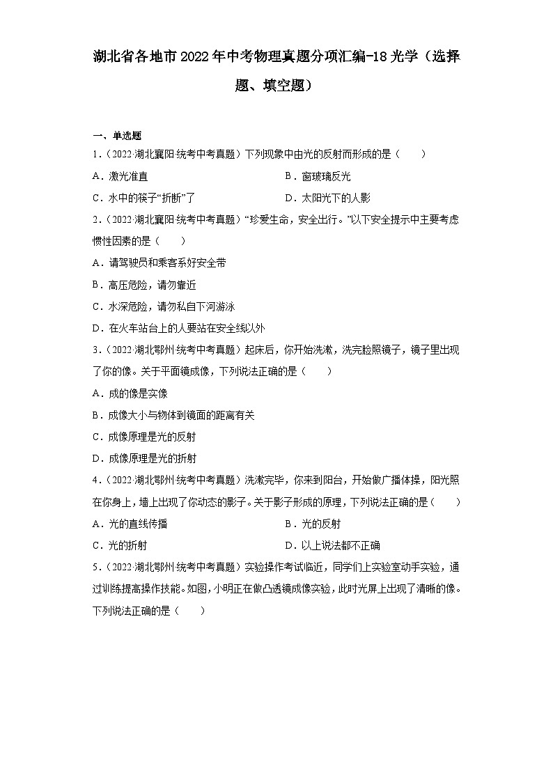 湖北省各地市2022年中考物理真题分项汇编-18光学（选择题、填空题）01