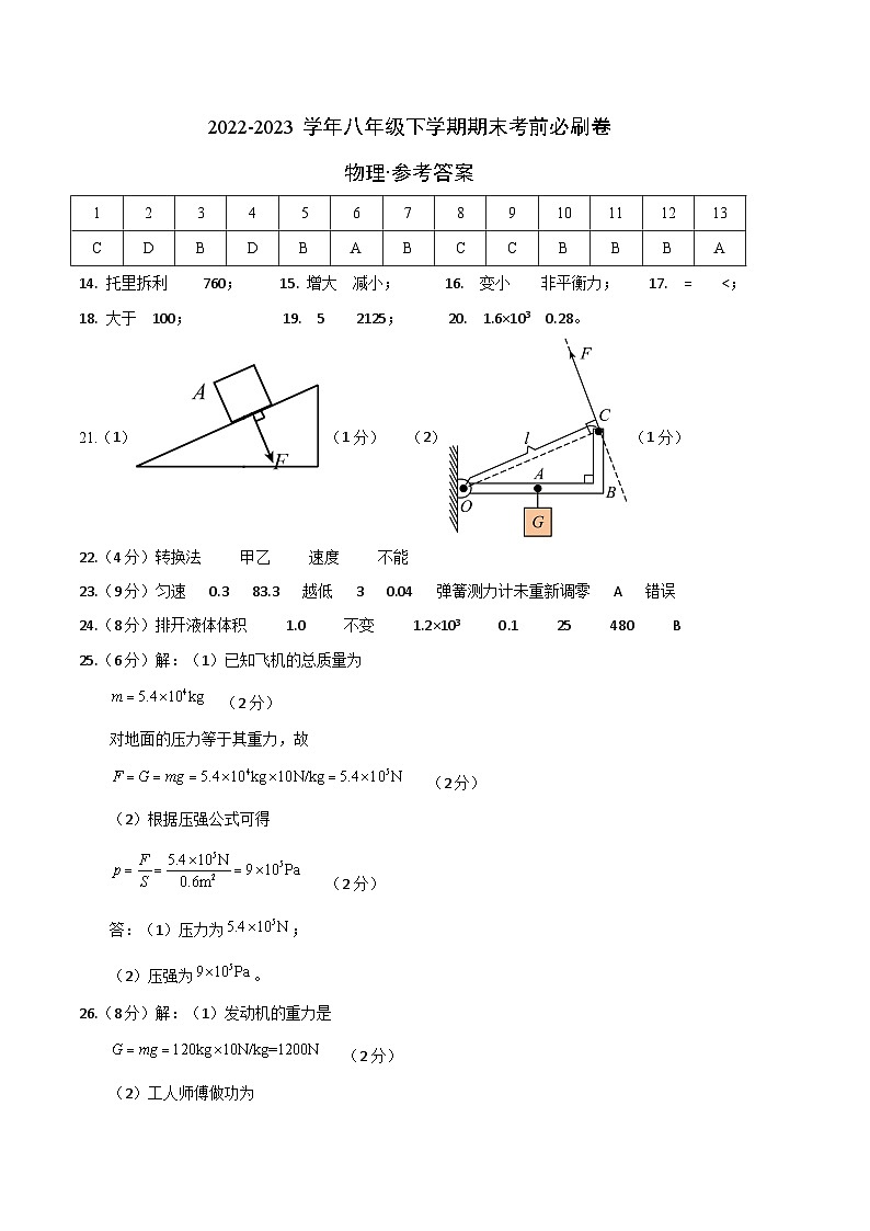 物理01卷（人教版八年级下）-（参考答案）第1页