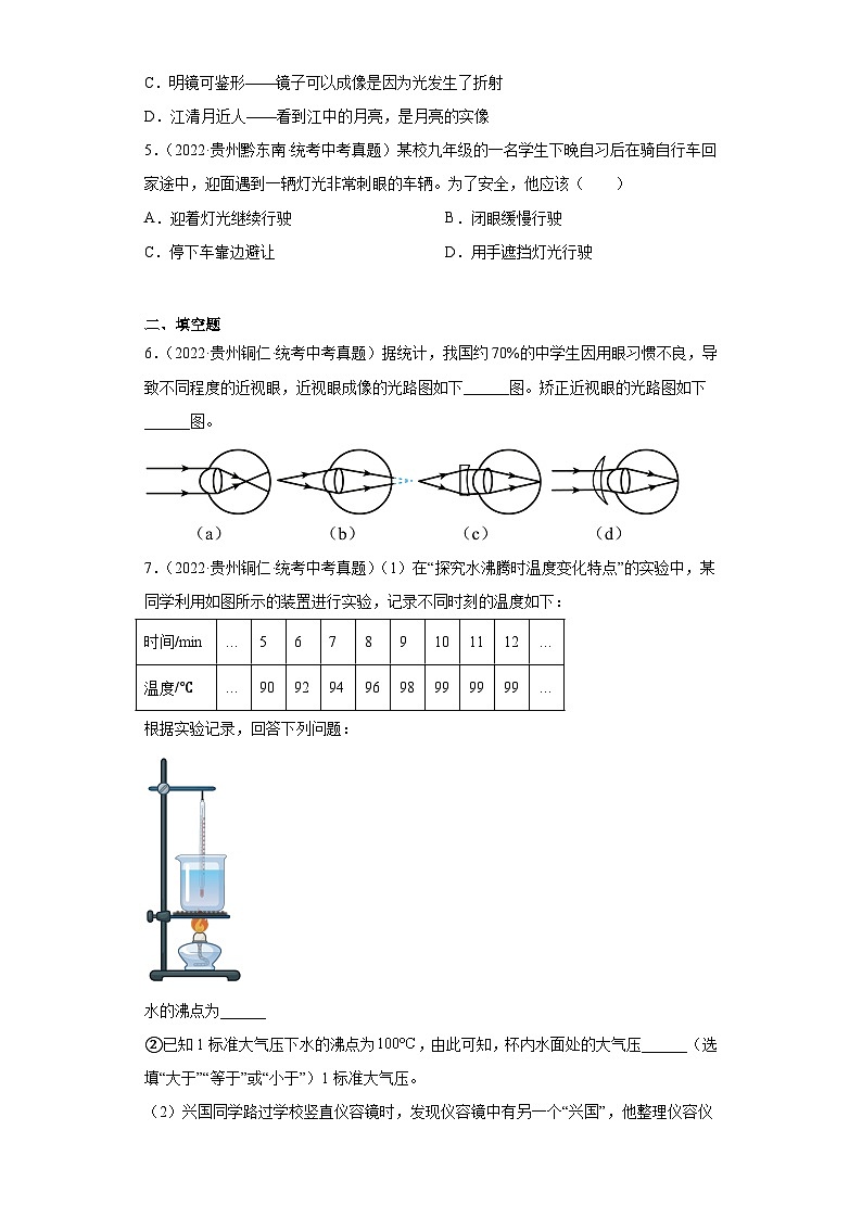 贵州省各地市2022年中考物理真题分项汇编-13光学02