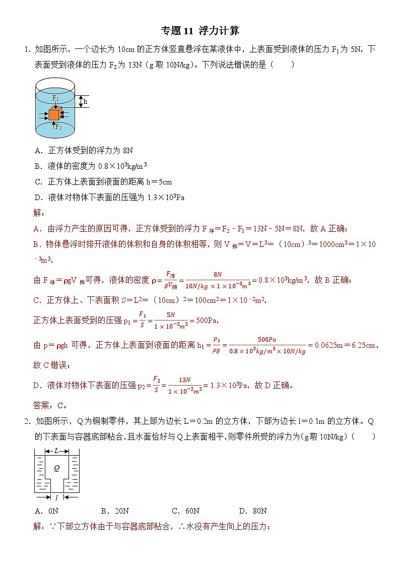 【期末专项突破】2022-2023学年人教版八年级物理下册期末难点题型专项练习：专题11 浮力计算（原卷版+解析版）01