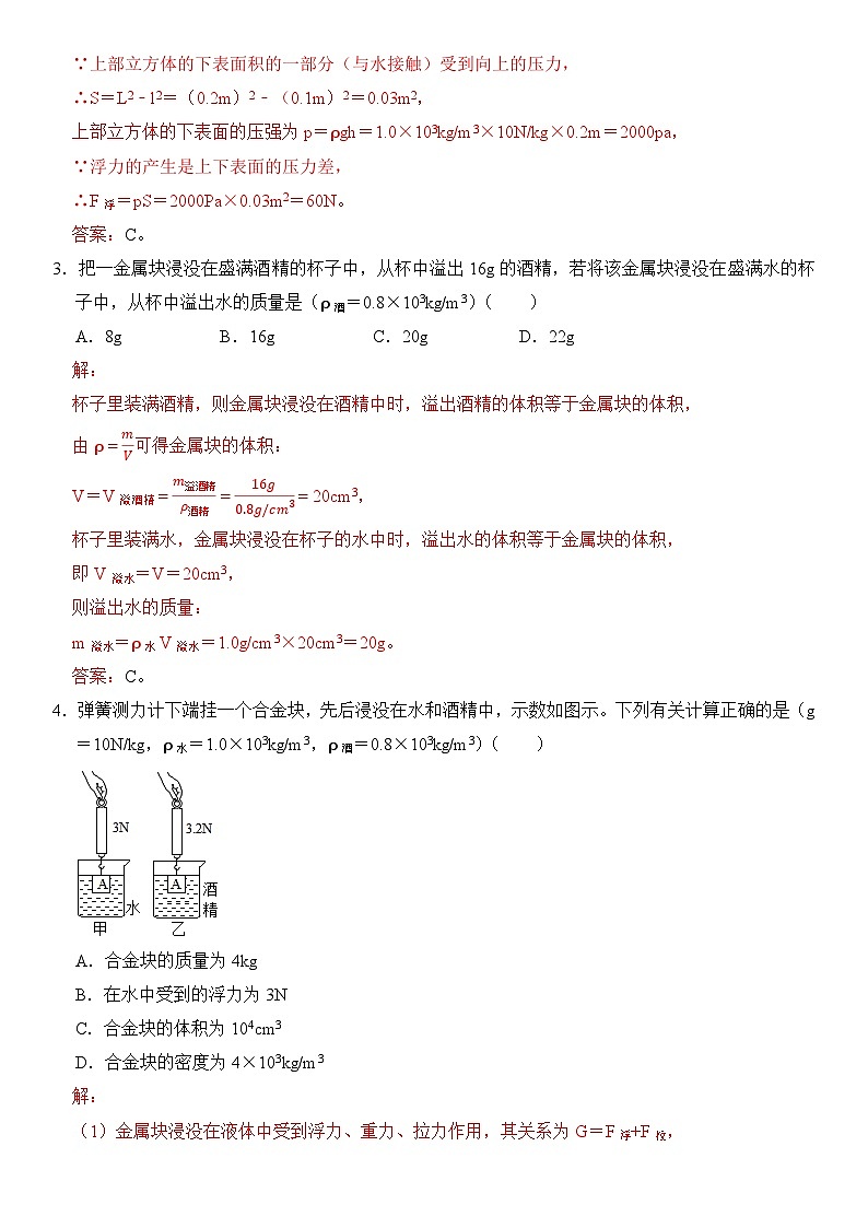 【期末专项突破】2022-2023学年人教版八年级物理下册期末难点题型专项练习：专题11 浮力计算（原卷版+解析版）02