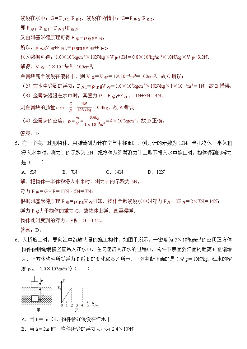 【期末专项突破】2022-2023学年人教版八年级物理下册期末难点题型专项练习：专题11 浮力计算（原卷版+解析版）03