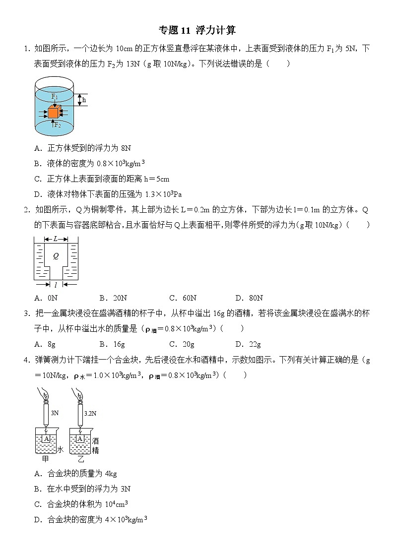 【期末专项突破】2022-2023学年人教版八年级物理下册期末难点题型专项练习：专题11 浮力计算（原卷版+解析版）01
