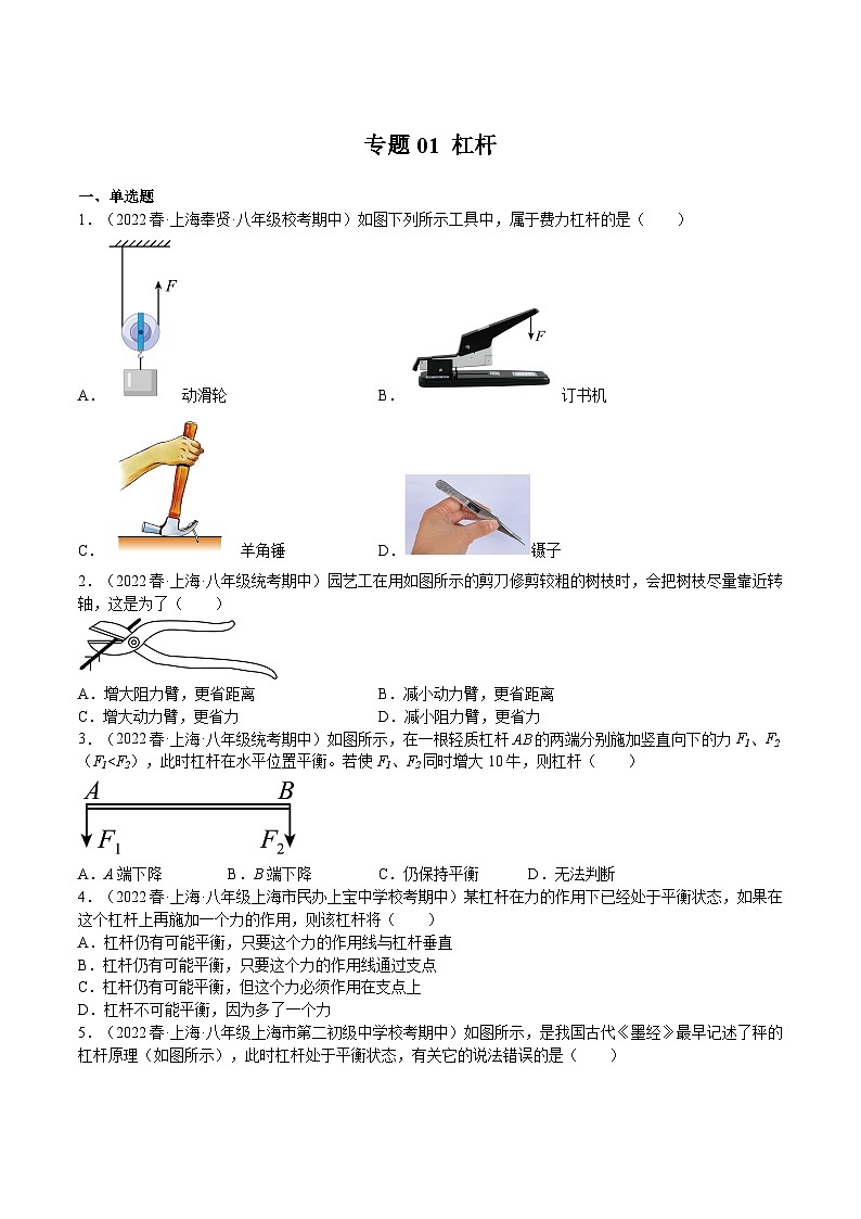 【期末专题练习】2022-2023学年（沪教版·上海）八年级物理下学期期末满分冲刺练习：专题01 杠杆（原卷+解析）01