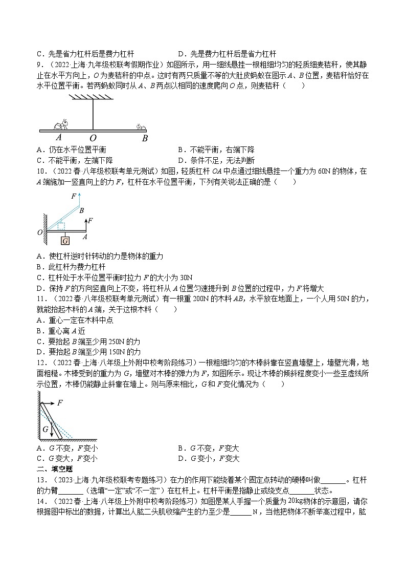 【期末专题练习】2022-2023学年（沪教版·上海）八年级物理下学期期末满分冲刺练习：专题01 杠杆（原卷+解析）03