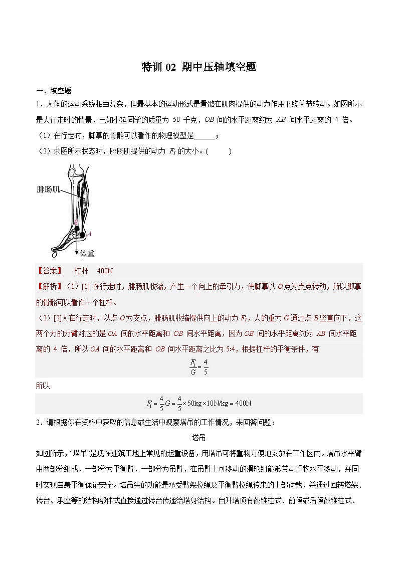【期末题型特训】2022-2023学年（沪教版·上海）八年级物理下学期期末题型专练：特训02 期中压轴填空题（原卷+解析）01