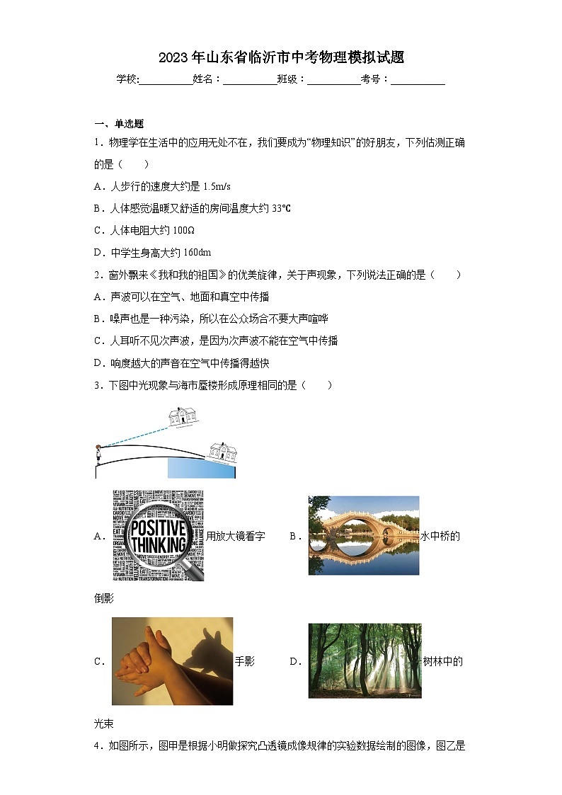 2023年山东省临沂市中考物理模拟试题（含解析）01