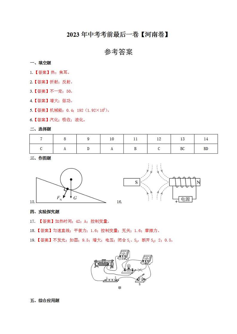 物理（河南卷）2023年中考考前最后一卷（参考答案）01