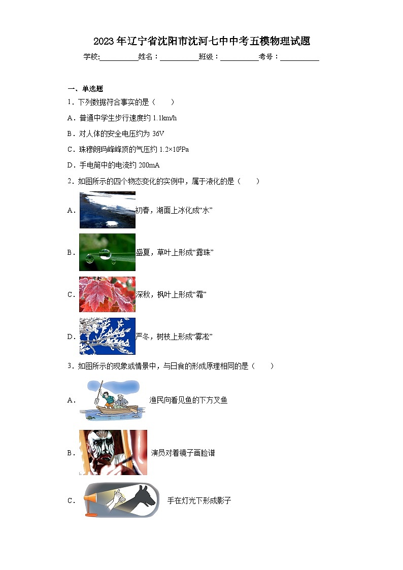 2023年辽宁省沈阳市沈河七中中考五模物理试题（含解析）01