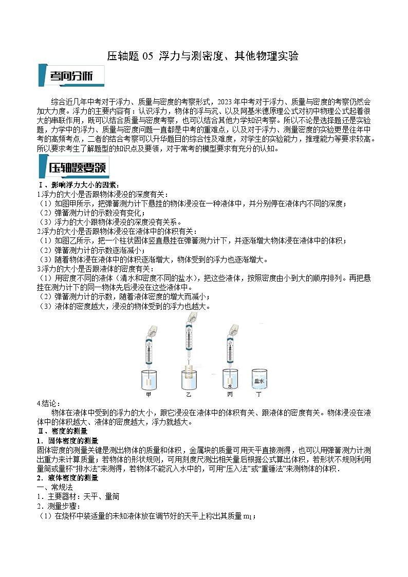 2023年中考物理压轴题专项训练 压轴题05 浮力与测密度、其他物理实验 （试题+答案）01