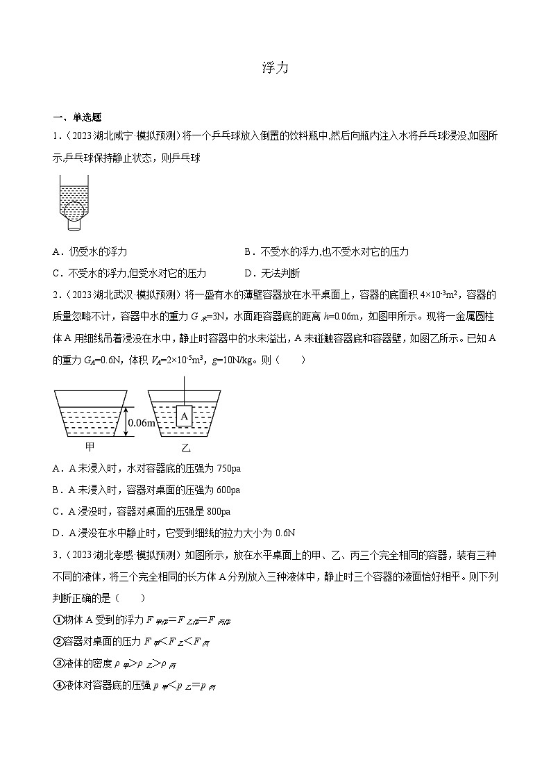 2023年湖北省九年级物理中考模拟题分类选编：浮力第1页