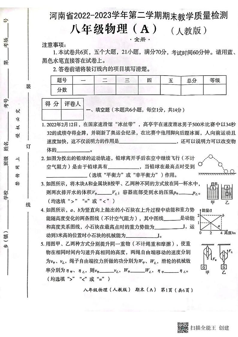 河南省虞城县部分学校2022-2023学年八年级下册物理期末预测卷A第1页