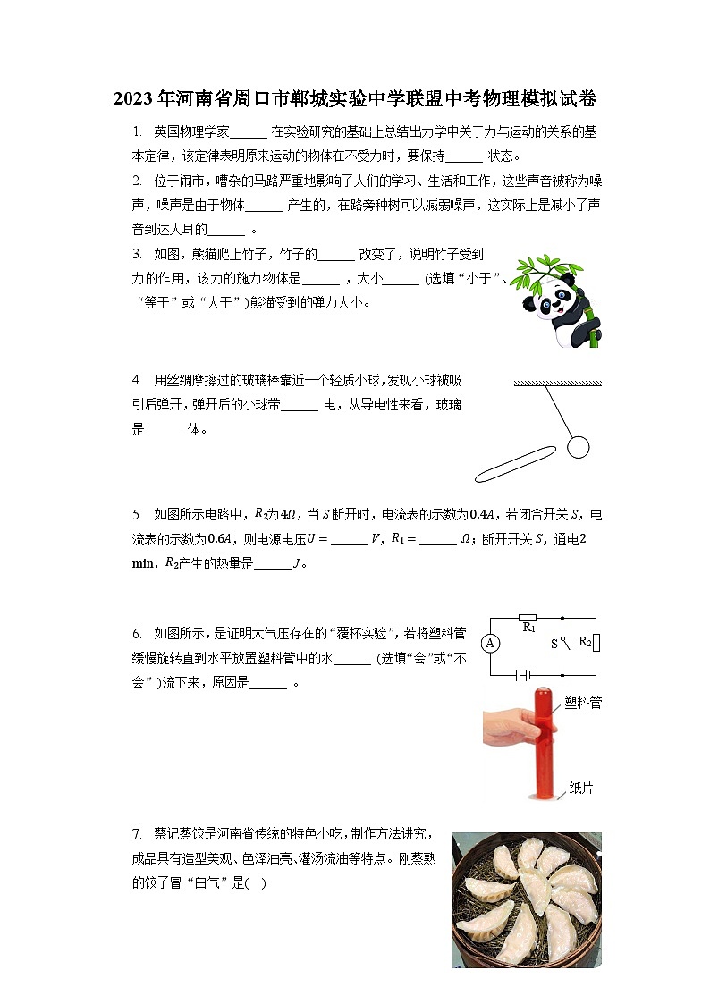 2023年河南省周口市郸城实验中学联盟中考物理模拟试卷第1页
