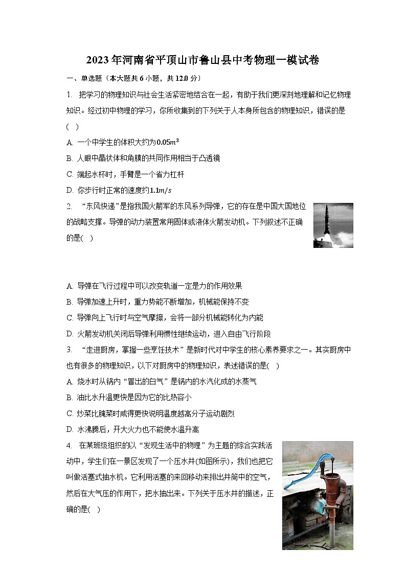 2023年河南省平顶山市鲁山县中考物理一模试卷01
