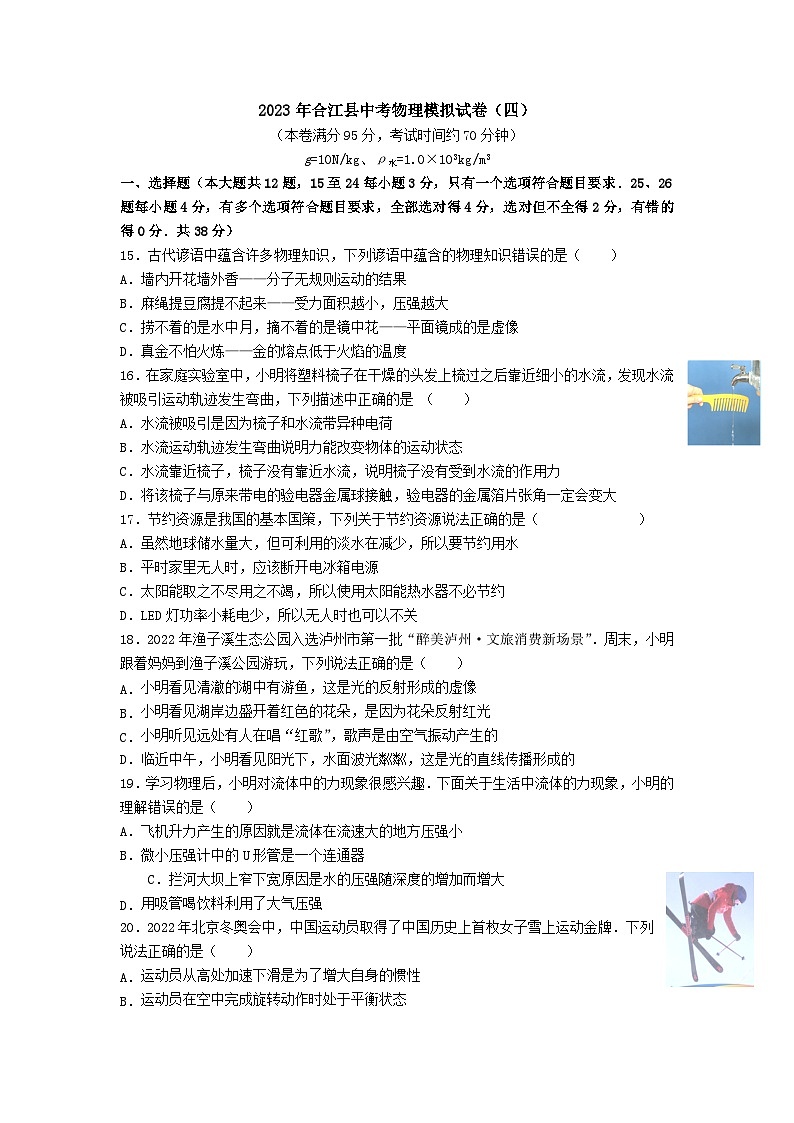 2023年四川省泸州市合江县中考模拟（四）物理试题第1页
