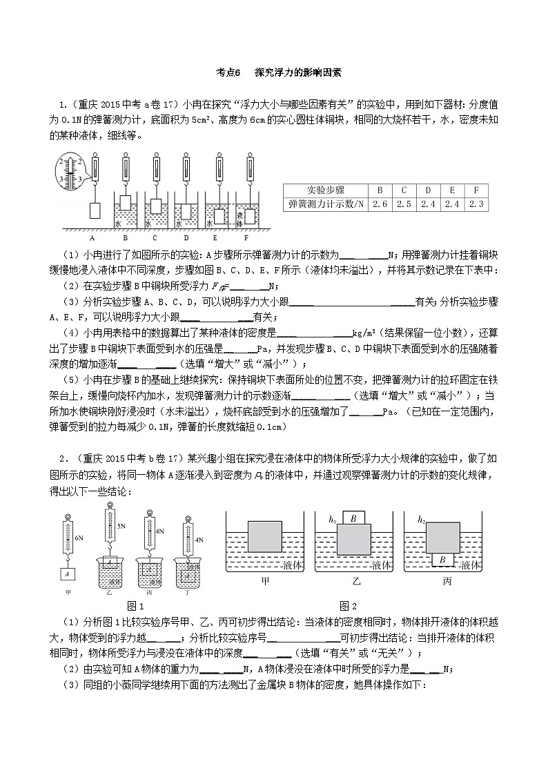 重庆2013-2022十年中考物理分类汇编实验题专题6  探究浮力的影响因素 原卷版第1页