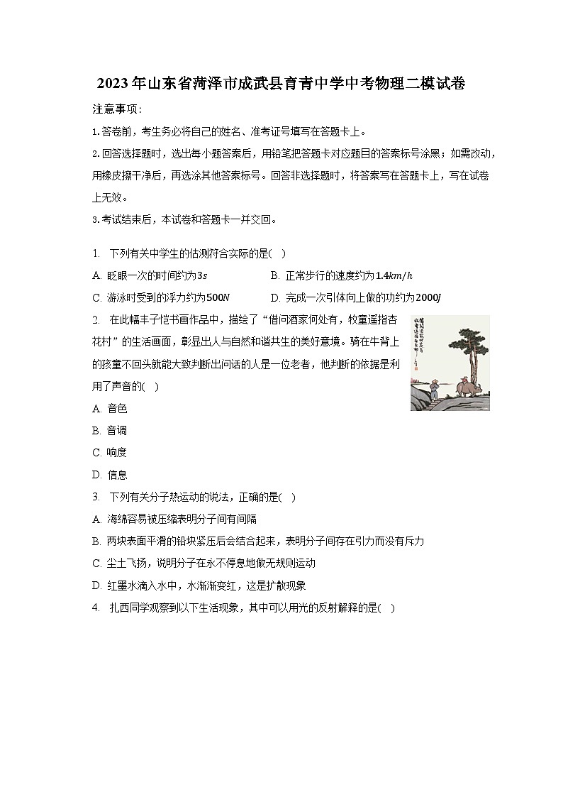 2023年山东省菏泽市成武县育青中学中考物理二模试卷第1页