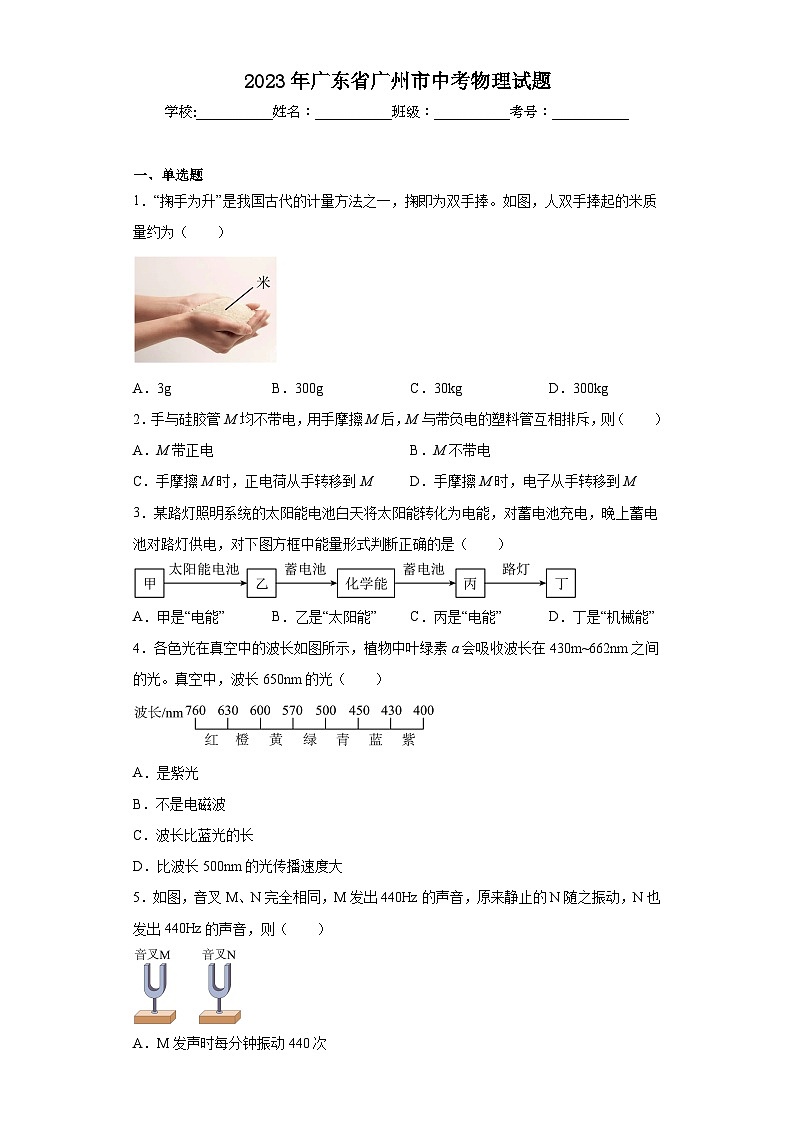 2023年广东省广州市中考物理试题（含答案）第1页