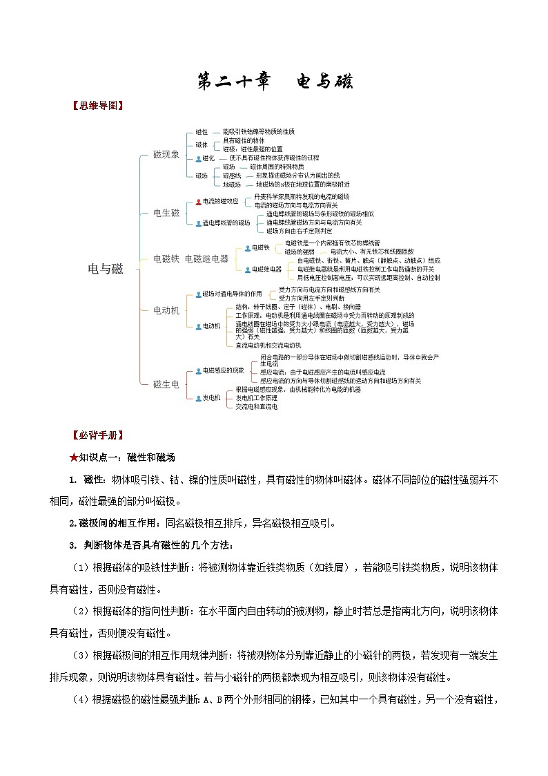 第二十章  电与磁-【口袋书】2023年中考物理必背知识手册（思维导图+背诵手册）第1页