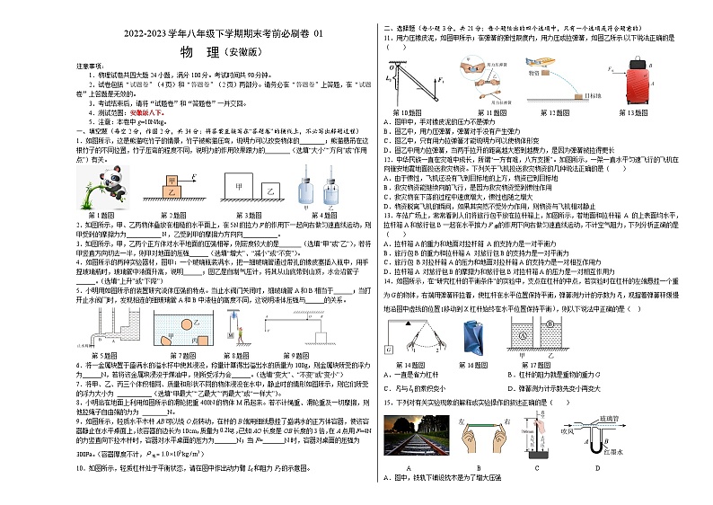 物理01卷（安徽版八下）-（考试版）A3第1页