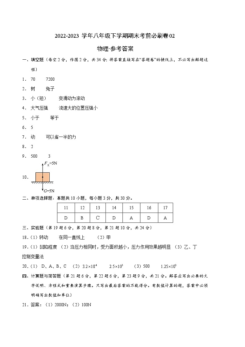 物理02卷（安徽版八下）-（参考答案）第1页