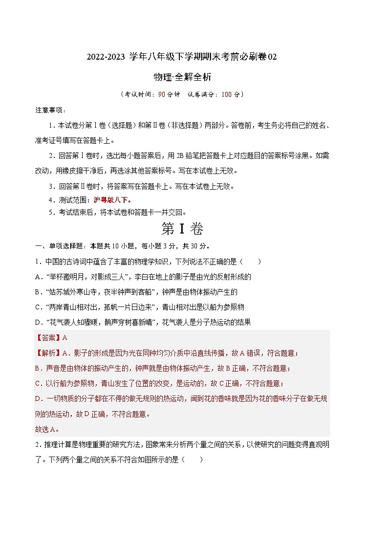 物理02卷（沪粤版八下）-（全解全析）第1页
