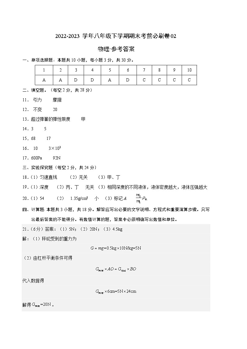 物理02卷（沪粤版八下）-（参考答案）第1页