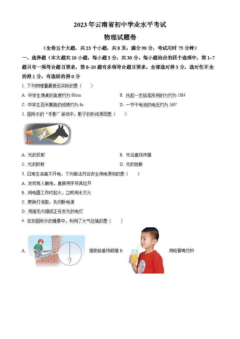 2023年云南省中考物理试题（原卷版）01