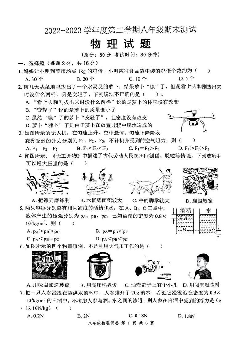 江苏省淮安市涟水县2022-2023学年度下学期八年级期末测试物理试题01