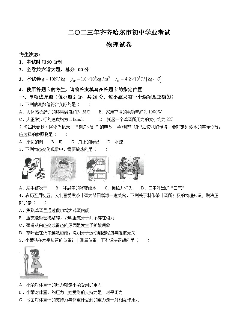 2023年黑龙江省齐齐哈尔市中考物理试题01