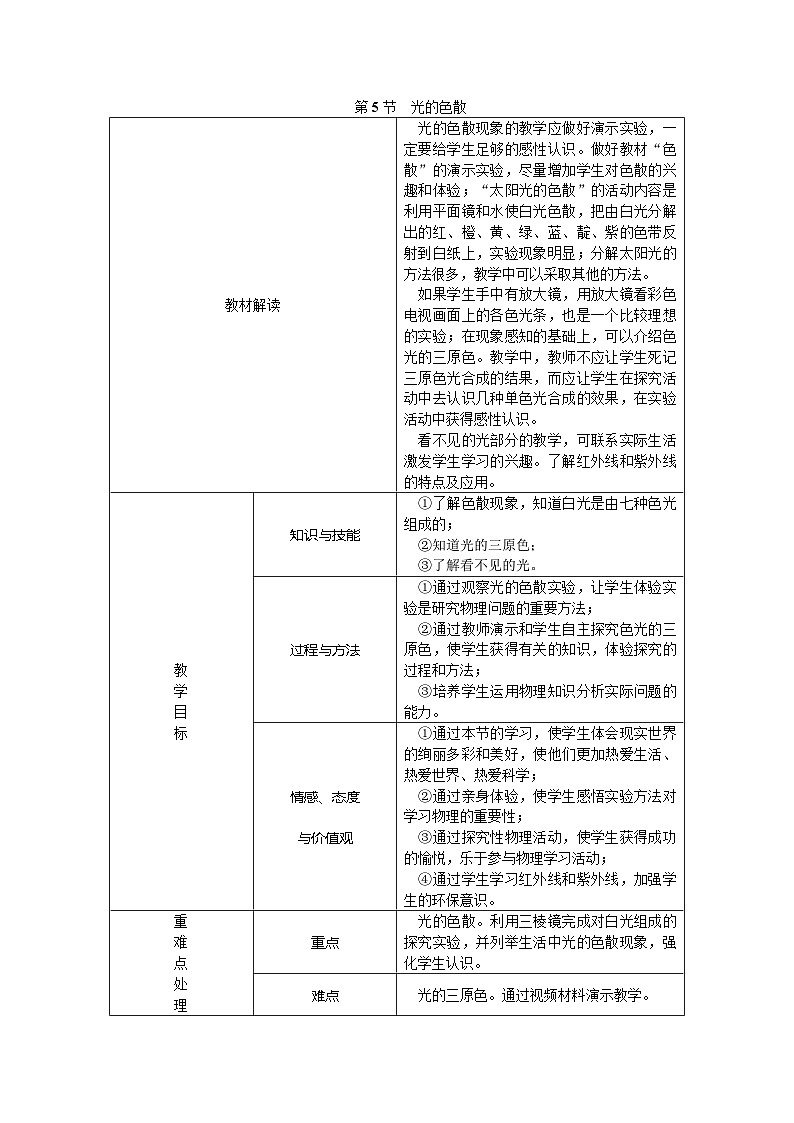 人教版八年级物理上册：第四章 第5节 光的色散教学设计01