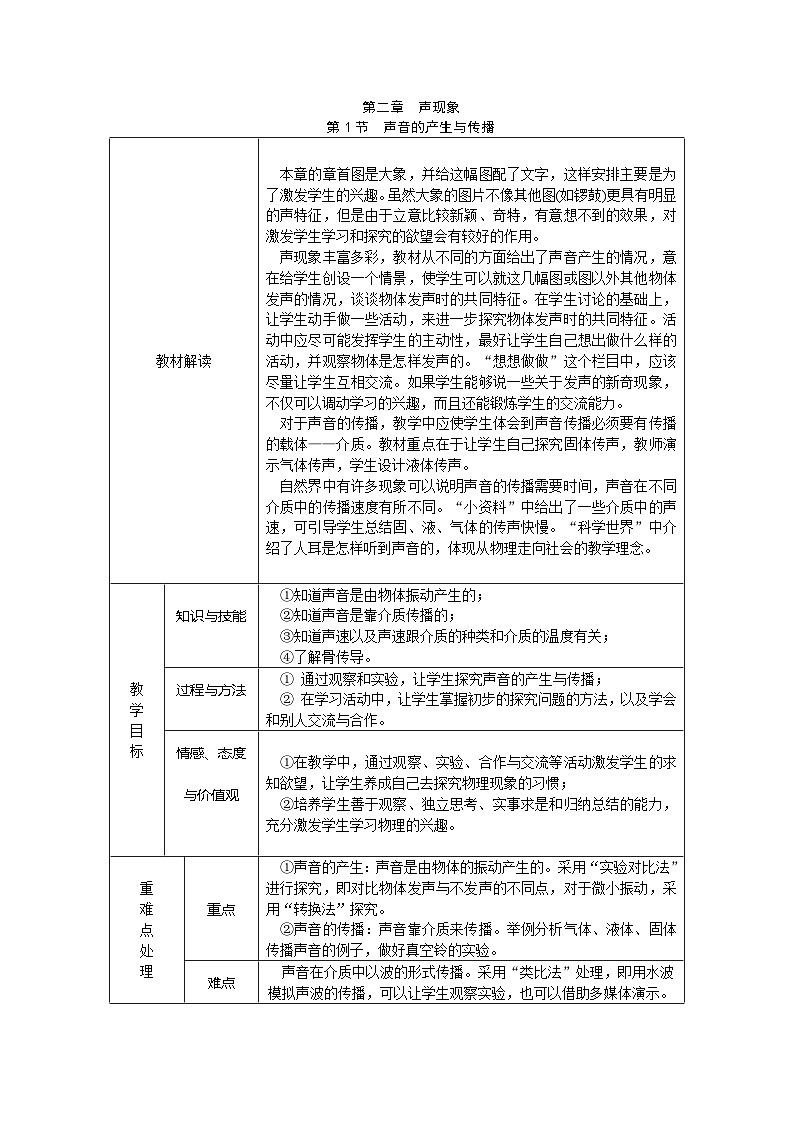人教版八年级物理上册教案：第二章第1节  声音的产生与传播01