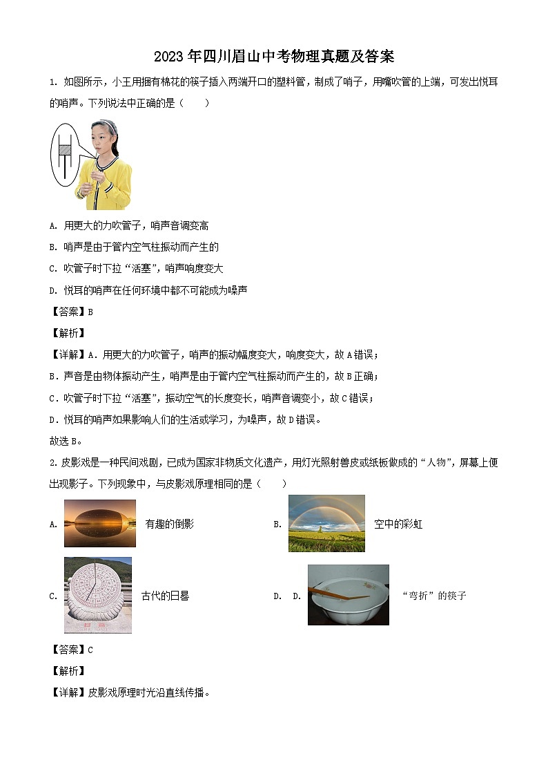2023年四川眉山中考物理真题（Word版附答案）01